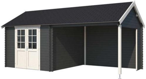 Showmodel blokhut met overkapping Fraya, Carbon grijs-wit 57, Tuin en Terras, Tuinhuizen, Gebruikt, Blokhut, Hout, 500 cm of meer