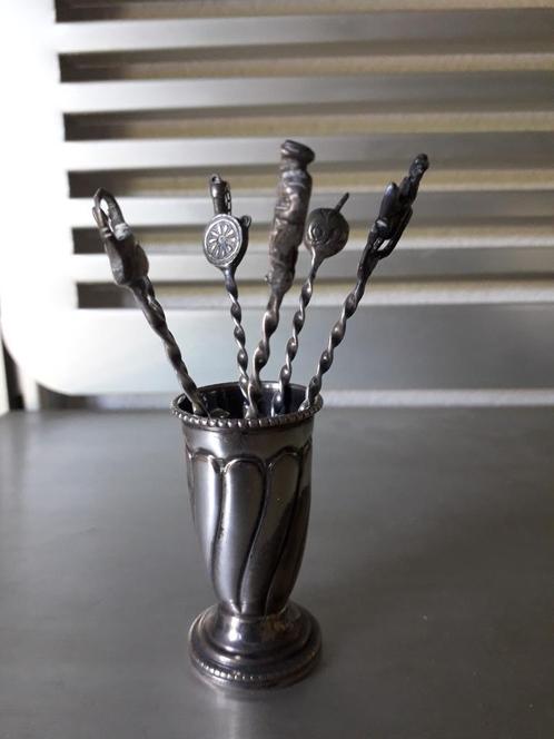 STERLING ZILVEREN HOUDER met 6 ZILVEREN COCKTAIL PRIKKERS, Antiek en Kunst, Antiek | Goud en Zilver, Zilver, Ophalen of Verzenden