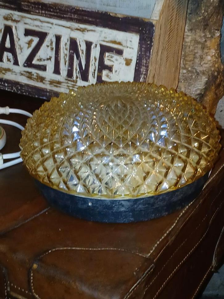 Vintage Glazen Plafondlamp / Wandlamp, Huis en Inrichting, Lampen | Plafondlampen, Zo goed als nieuw, Glas, Metaal, Ophalen of Verzenden