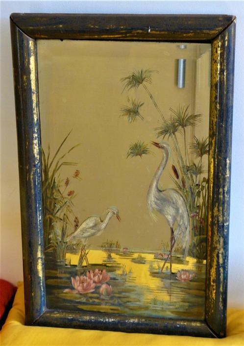 Antieke spiegel facet geslepen met opgebrachte schildering, Antiek en Kunst, Antiek | Spiegels, Minder dan 50 cm, Minder dan 100 cm