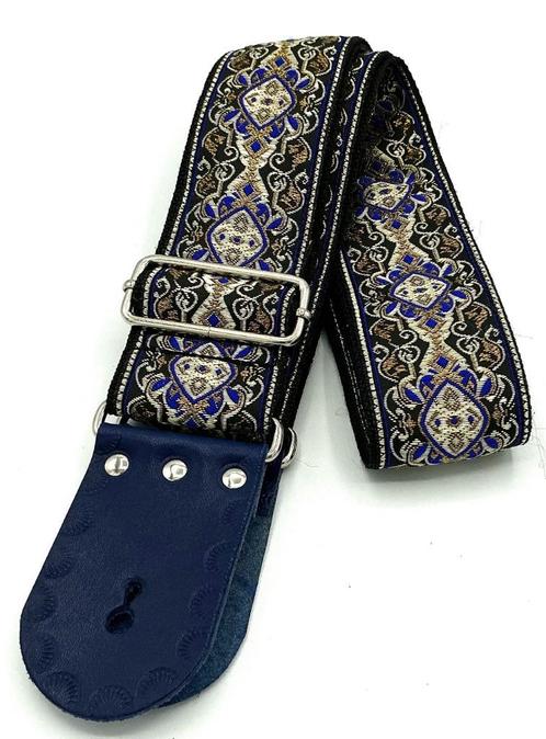 GBStof010 Gitaarband zwart Blue blauw zilver leer 156cm, Muziek en Instrumenten, Instrumenten | Toebehoren, Nieuw, Akoestische gitaar