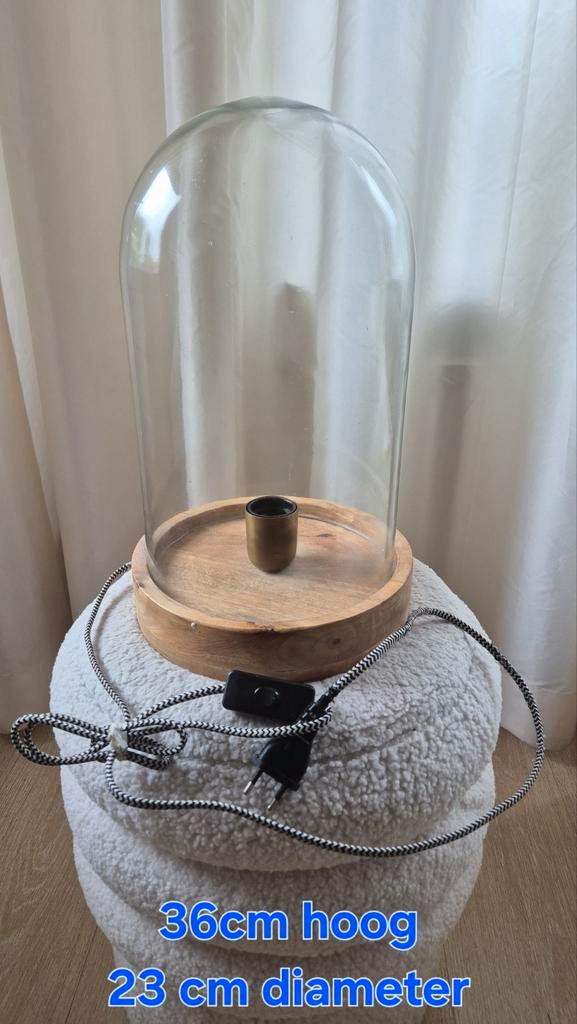 Mooie Tafel Lamp met Glazen Stolp, Huis en Inrichting, Lampen | Hanglampen, Zo goed als nieuw, Minder dan 50 cm, Glas, Hout, Ophalen