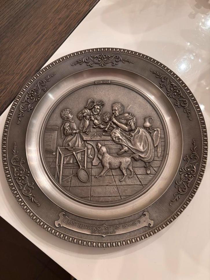 Antiek Tinnen Bord met Voorstelling, Antiek en Kunst, Antiek | Wandborden en Tegels, Ophalen of Verzenden