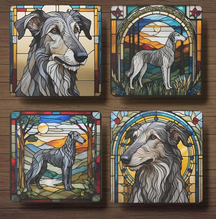 Deerhound Glas in Lood onderzetters met houder, Huis en Inrichting, Woonaccessoires | Onderzetters, Zo goed als nieuw, Glas of Kopje