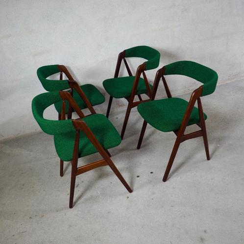 4x Eetkamerstoelen Thomas Harlev teak vintage deens design, Huis en Inrichting, Stoelen, Zo goed als nieuw, Vier, Hout, Stof, Bruin