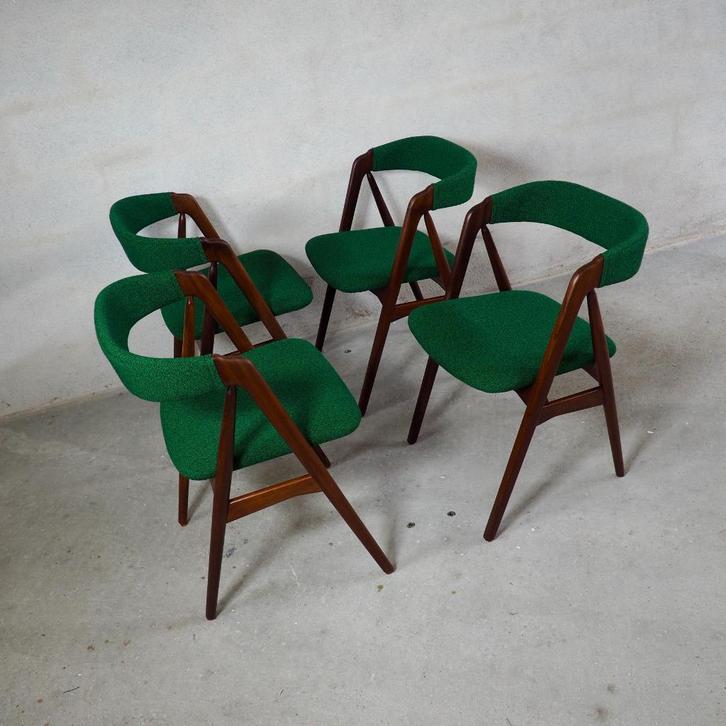 4x Eetkamerstoelen Thomas Harlev teak vintage deens design, Huis en Inrichting, Stoelen, Zo goed als nieuw, Vier, Hout, Stof, Bruin