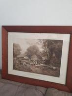 Boerderij prent in oude houten lijst, Antiek en Kunst, Kunst | Tekeningen en Foto's, Ophalen