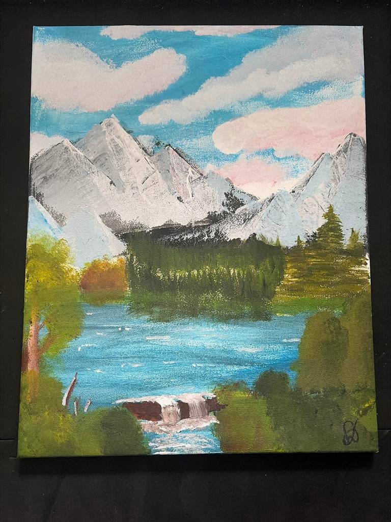 Handgeschilderd Natuurlandschap met Bergen en Meer, Antiek en Kunst, Ophalen of Verzenden