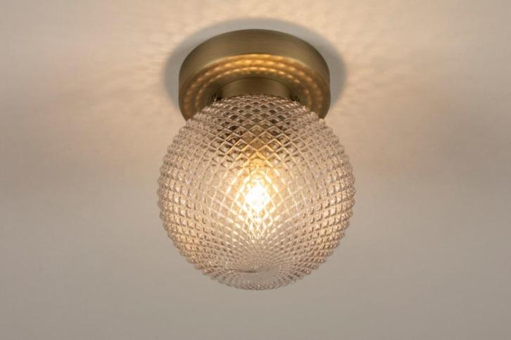 vintage plafondlamp messing rookglas badkamer keuken lamp, Huis en Inrichting, Lampen | Plafondlampen, Nieuw, Glas, Ophalen of Verzenden