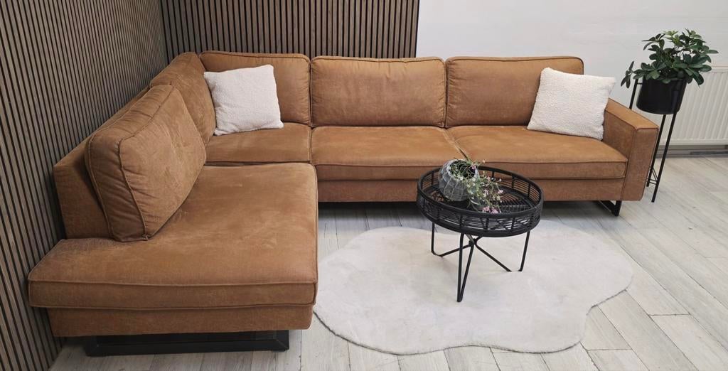 ‼️mooie luxe cognac hoekbank gereinigd‼️, Ophalen, Zo goed als nieuw, Vierpersoons of meer, Stof