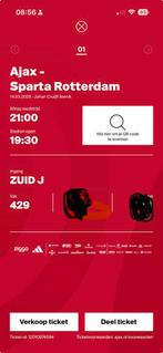 Ticket AJAX- sparta 21.00 uur vak 429, Tickets en Kaartjes, Sport | Voetbal, Eén persoon, December