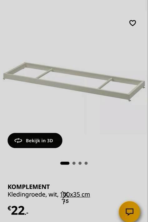 2x IKEA KOMPLEMENT Kledingroede Wit 75x35 cm, Ophalen, Nieuw, 50 tot 100 cm, Minder dan 100 cm