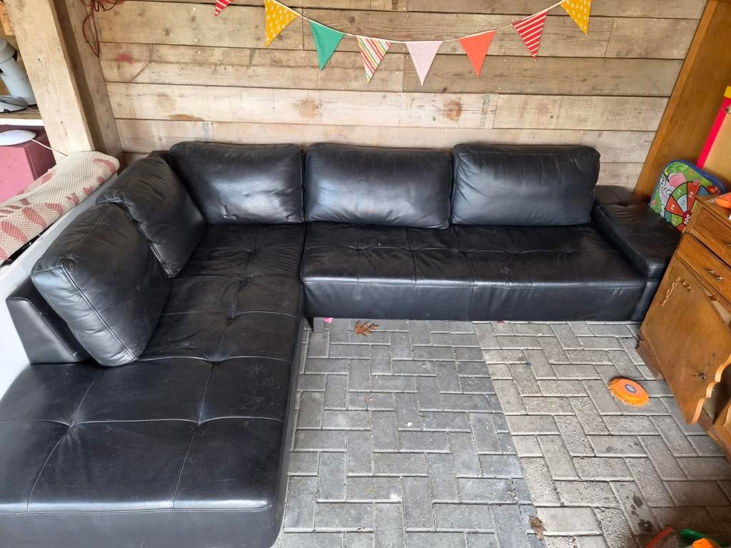 Zwarte leren hoekbank 2 bij 3 meter, Huis en Inrichting, Banken | Bankstellen, Ophalen of Verzenden