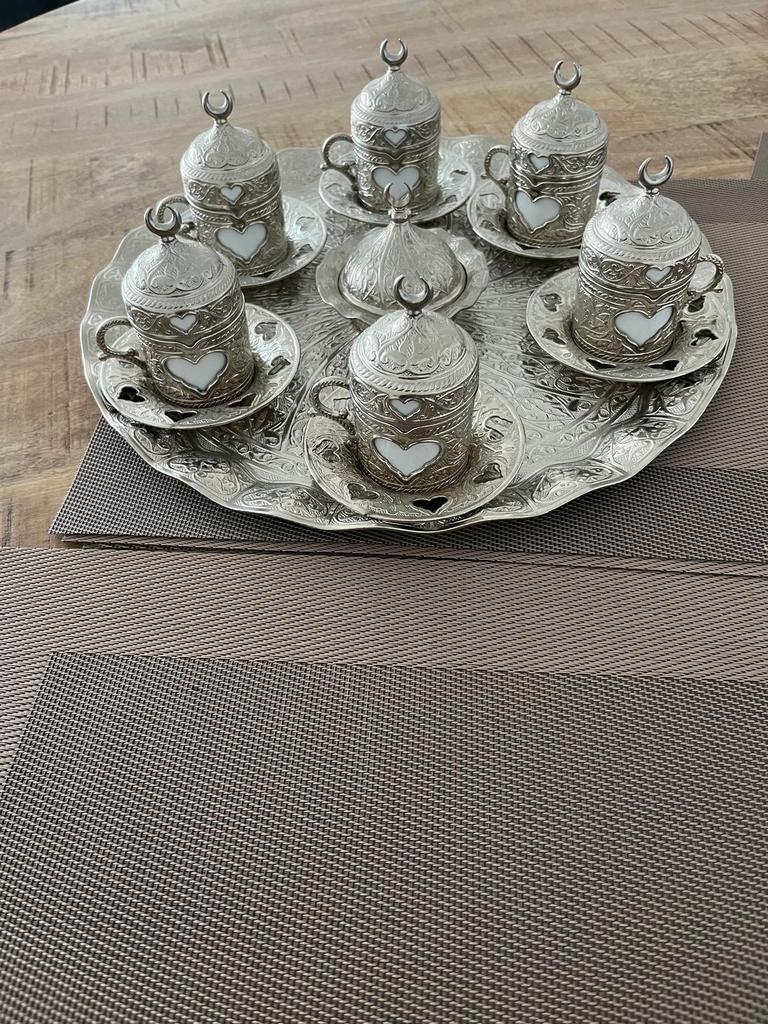 Turks koffieservies zilverkleurig met hartjes, Ophalen, Overige materialen, Overige stijlen, Kop(pen) en/of Schotel(s)