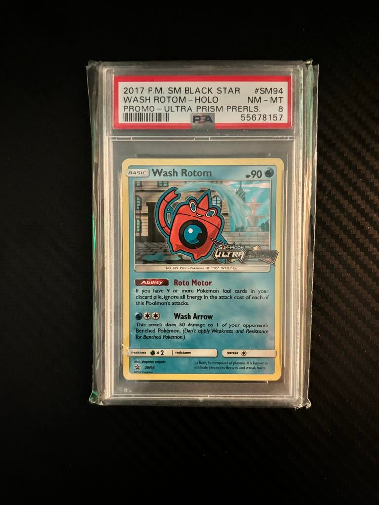 Pokémon Wash Rotom Holo SM94 PSA 8, Ophalen, Zo goed als nieuw, Losse kaart, Foil