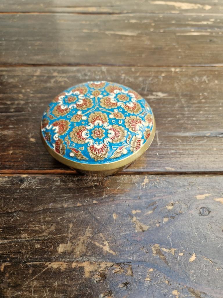 Vintage messing doosje uit India, Ophalen of Verzenden, Zo goed als nieuw, Blauw, Overige materialen