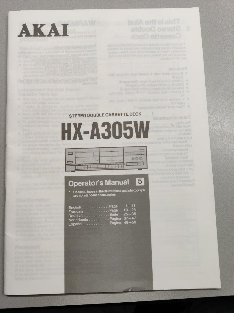 Gebruiks Handleiding Akai cassette deck speler HX-A305W, Audio, Tv en Foto, Cassettedecks, Ophalen of Verzenden, Dubbel, Akai