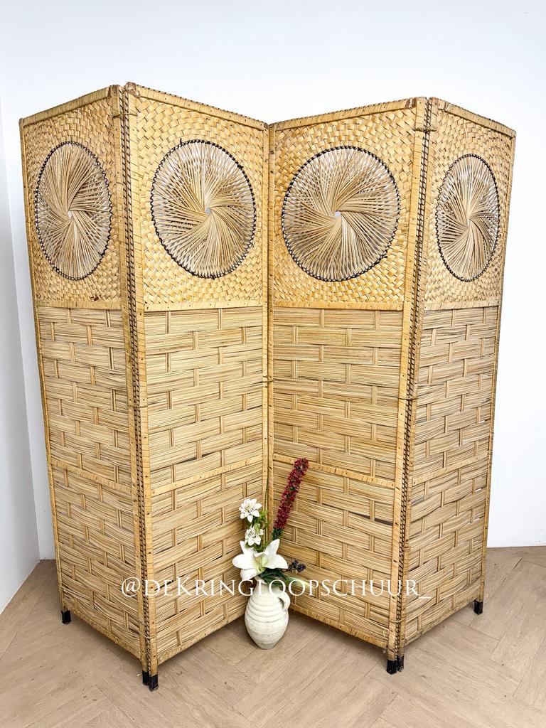 Vintage vier panelen rotan rieten bamboe kamerscherm, Ophalen of Verzenden, Gebruikt