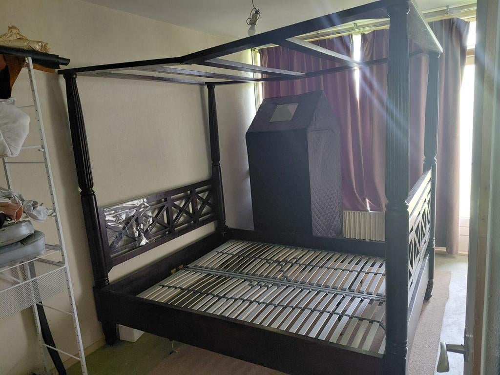 Hardhouten hemelbed met lattenbodems, Huis en Inrichting, Slaapkamer | Bedden, Gebruikt, Tweepersoons, 160 cm, Hout, Ophalen