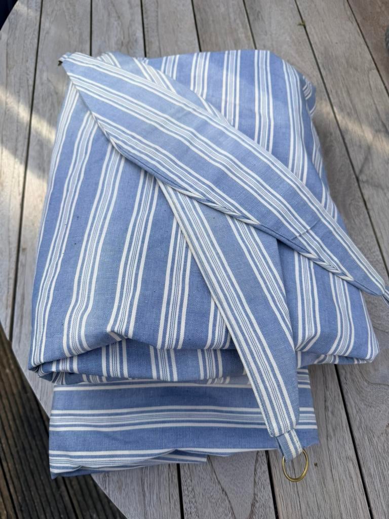 Gestreepte blauw witte gevoerde canvas gordijnen 160x140, Ophalen, 100 tot 150 cm, Blauw, Landelijk gestreept