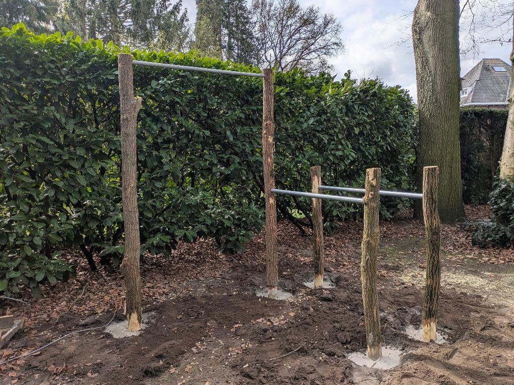 Houten sport toestel, fitness in je achtertuin, boomstammen, Ophalen, Nieuw, Buik, Oprekstang