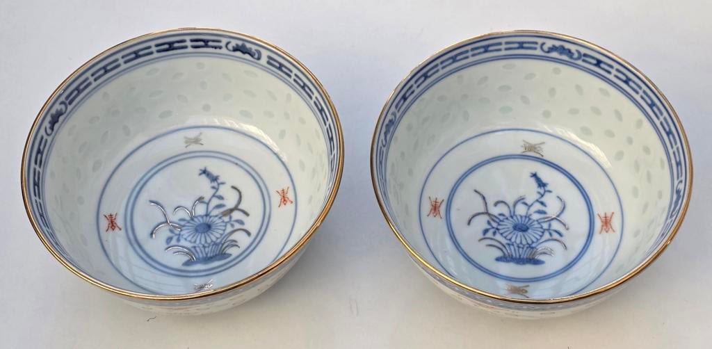 Set van 2 Chinese rijstkommen met blauw-wit decor, Ophalen of Verzenden