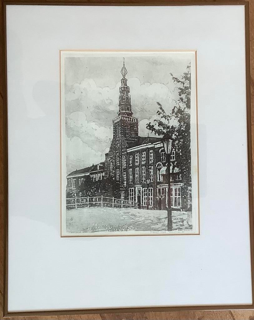 Leiden, kerk, Lodewijkkerk, schilderij, ets, Karel Kok, Antiek en Kunst, Kunst | Etsen en Gravures, Ophalen of Verzenden