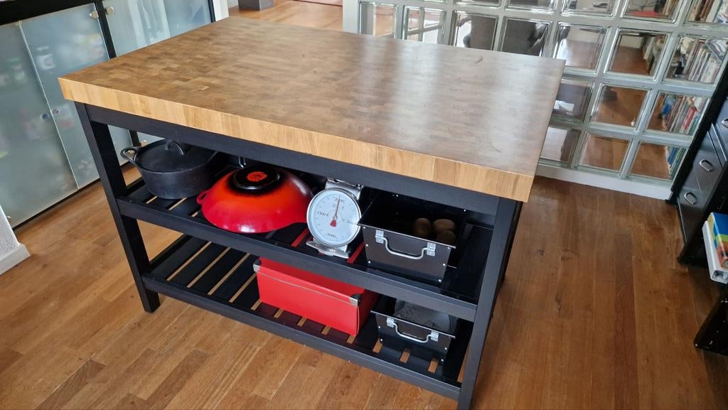 VADHOLMA Keukeneiland, zwart/eiken, 126x79x90 cm, Ophalen, Overige stijlen