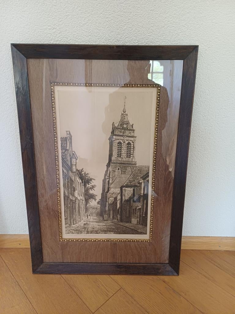 Ets Jan Bertelsman - Koestraat met scheve toren Schoonhoven, Antiek en Kunst, Ets, Stadsgezicht, Ophalen of Verzenden, Ingelijst