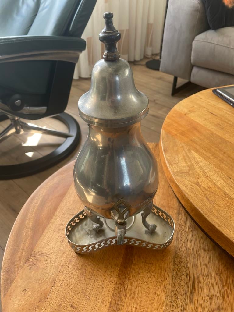 Antieke tinnen koffiepot met kraantje en onderstel, Antiek en Kunst, Ophalen