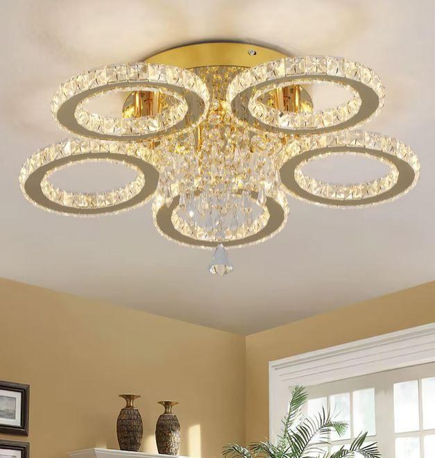 Moderne Kristallen LED Plafondlamp Kroonluchter + 5 Ringen., Ophalen of Verzenden, Nieuw, Glas