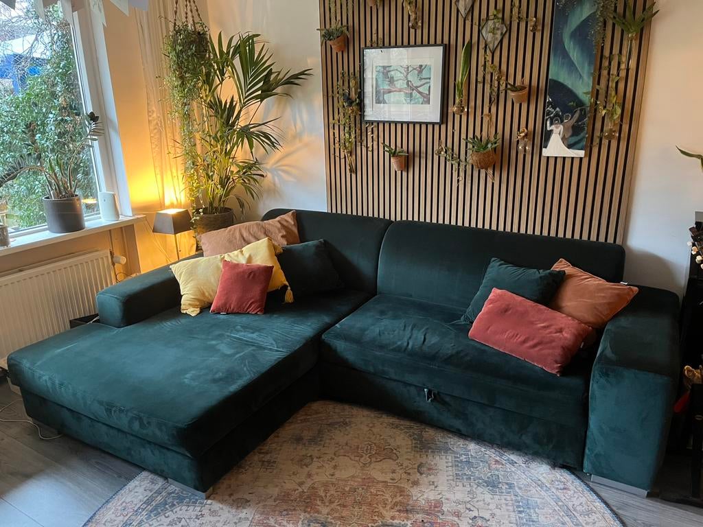 Velvet hoekbank met opbergruimte en slaapfunctie, Huis en Inrichting, Ophalen, 250 tot 300 cm, Hoekbank, Driepersoons