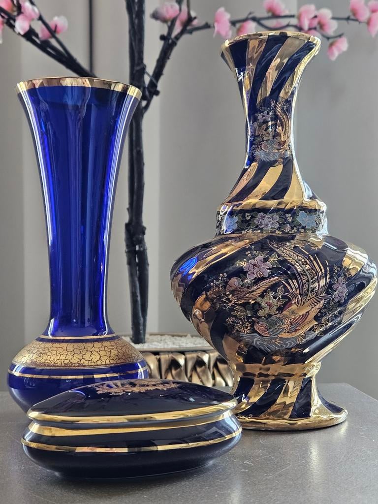 Prachtige Vintage cobalt gold porsem Vaas met Feniks Decor, Antiek en Kunst, Antiek | Vazen, Ophalen of Verzenden