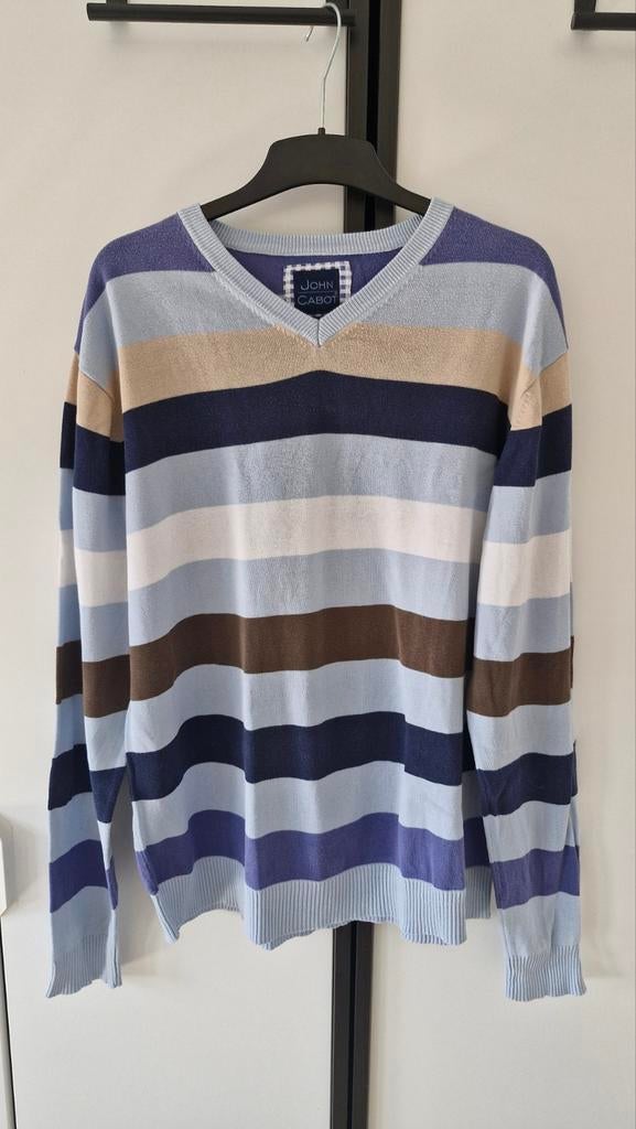John Cabot Gestreepte V-hals Trui - Maat XL, Blauw, Maat 56/58 (XL), Ophalen of Verzenden, John Cabot