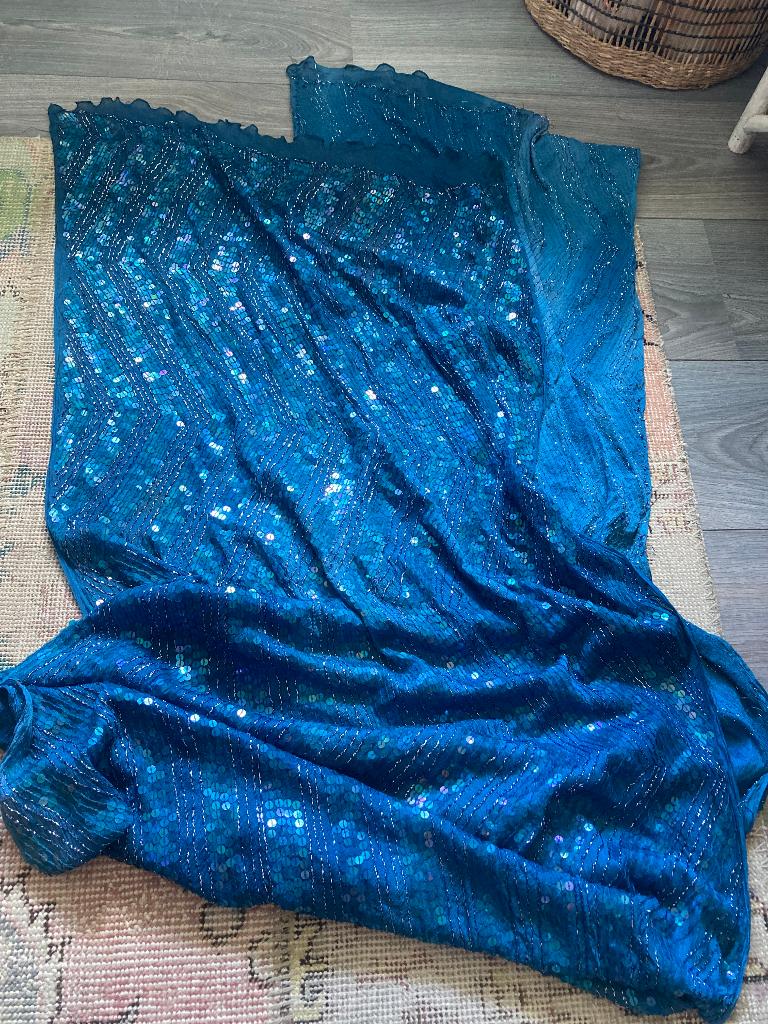 India blauw vintage sari zijde pailletten stof coupon sjaal, Gebruikt, Blauw, 120 cm of meer, 200 cm of meer