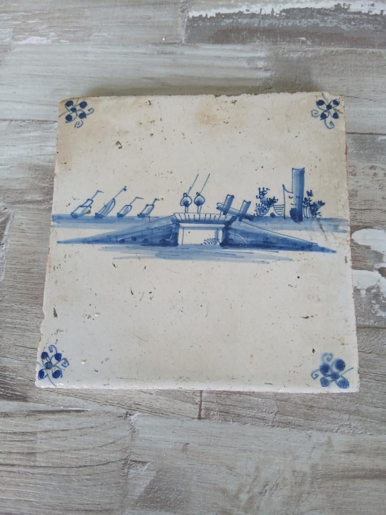 Antieke Delfts Blauwe Tegel met Hollands Landschap, Ophalen of Verzenden