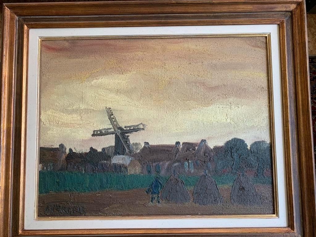 Alfons Vermeir - Molenlandschap met boer, Antiek en Kunst, Ophalen of Verzenden