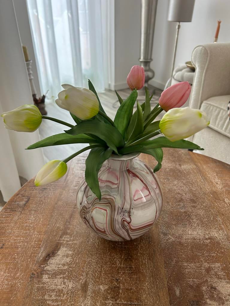 Fidrio Holland vaas met kunstbloemen tulpen, Overige kleuren, Ophalen of Verzenden, Minder dan 50 cm, Glas
