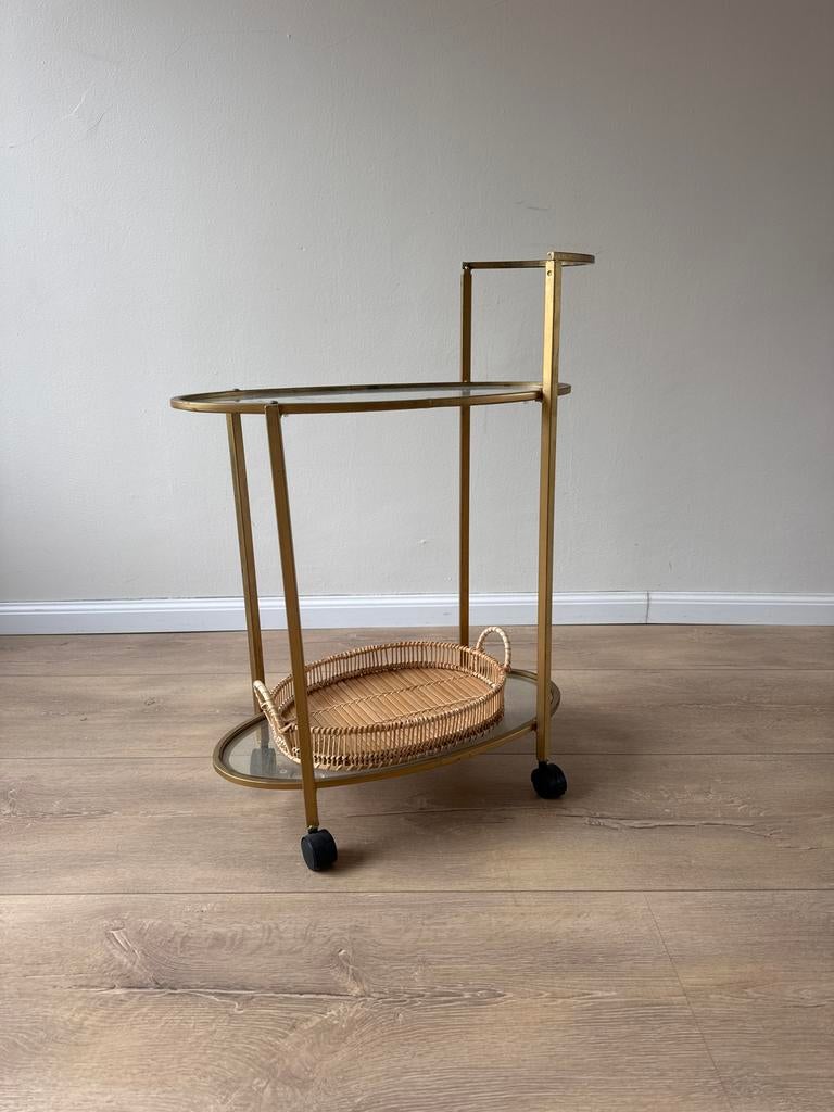 Gouden serveerwagen met glazen platen, Ophalen, Gebruikt, Metaal of Aluminium, 55 tot 75 cm