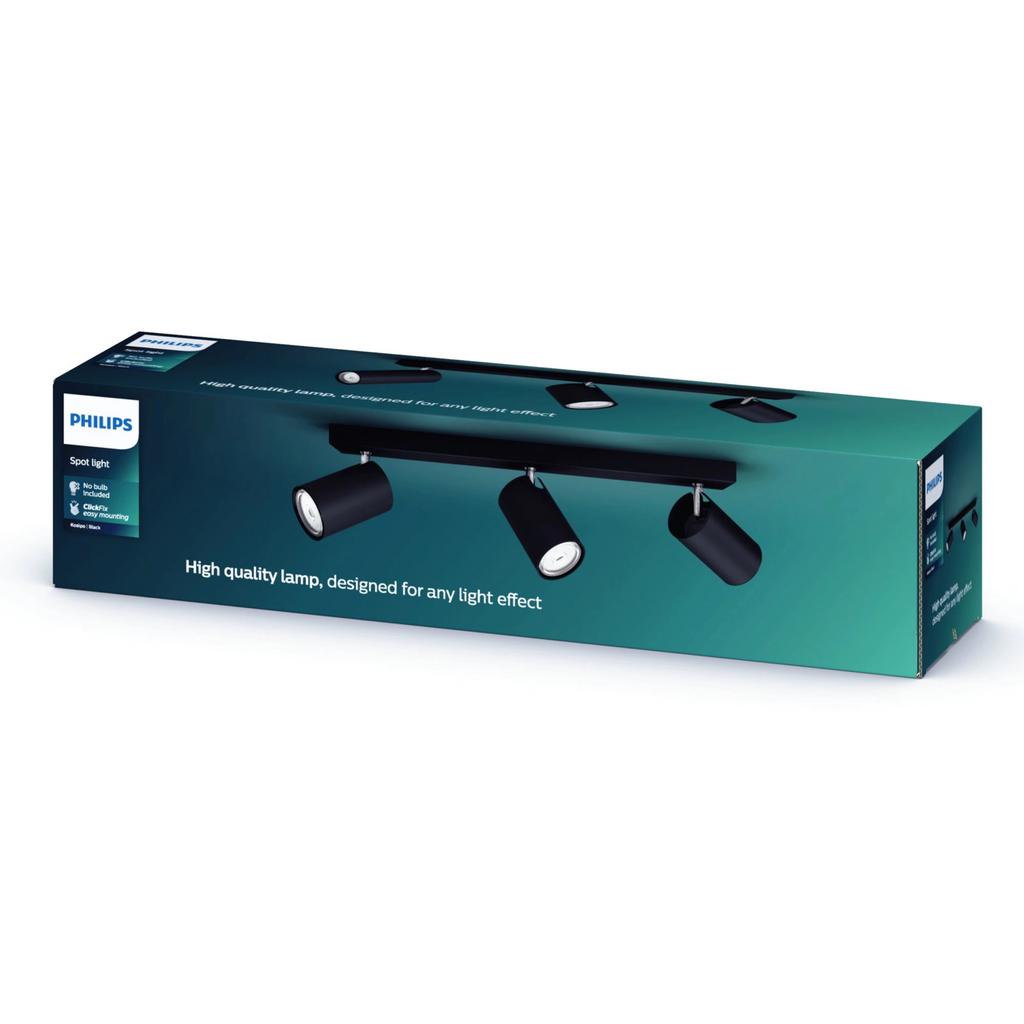 Philips Kosipo Zwarte Spotlamp met 3 Spots, Ophalen, Nieuw, Metaal of Aluminium, Plafondspot of Wandspot