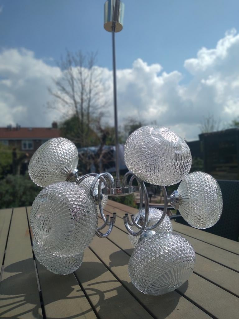 Space Age Plafondlamp met 9 Glazen Bollen, Huis en Inrichting, Ophalen of Verzenden, Gebruikt, Glas, Space Age, Mid-century Modern, Vintage