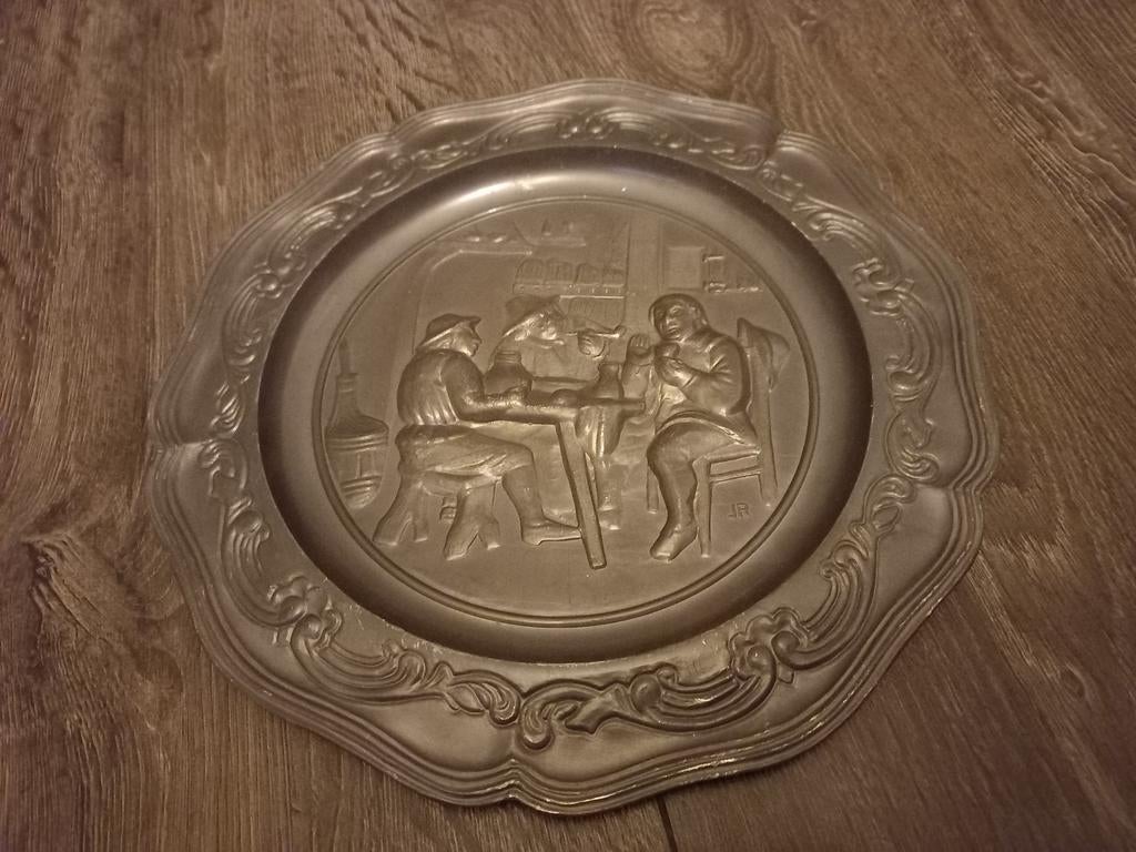 Vintage Tinnen Wandbord met Scène, Antiek en Kunst, Antiek | Tin, Ophalen of Verzenden