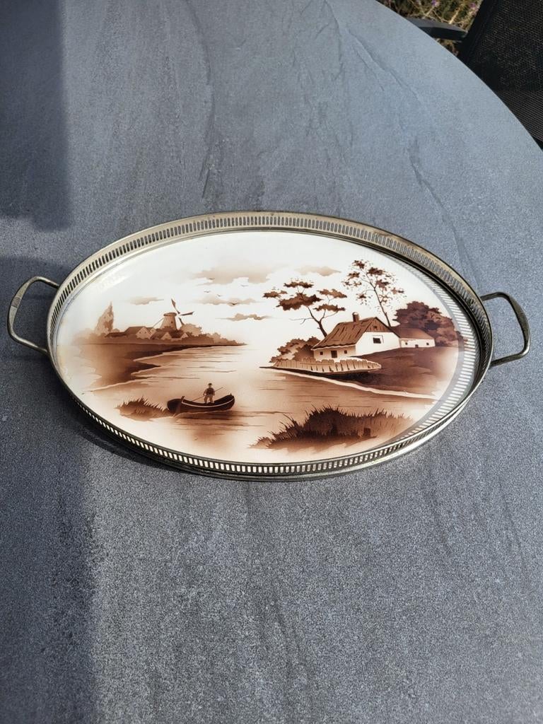 Antieke ovalen dienblad met landschapsprint, Ophalen