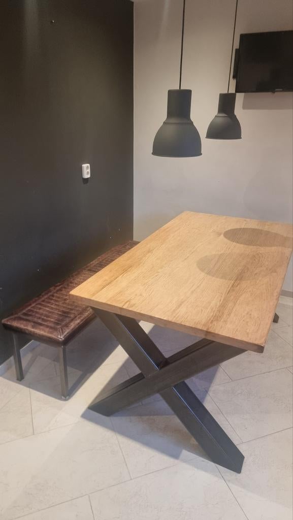 Stoere eiken eettafel met ijzeren poten, Huis en Inrichting, Tafels | Eettafels, Ophalen, Rechthoekig, 50 tot 100 cm