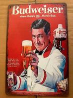 Vintage Budweiser Reclamebord - 30 bij 20 metaal, Ophalen of Verzenden, Gebruikt, Reclamebord