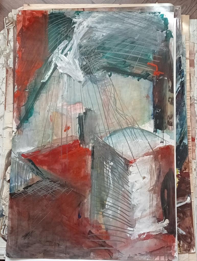 Gemengde techniek op papier abstracte compositie 20e eeuw, Ophalen of Verzenden