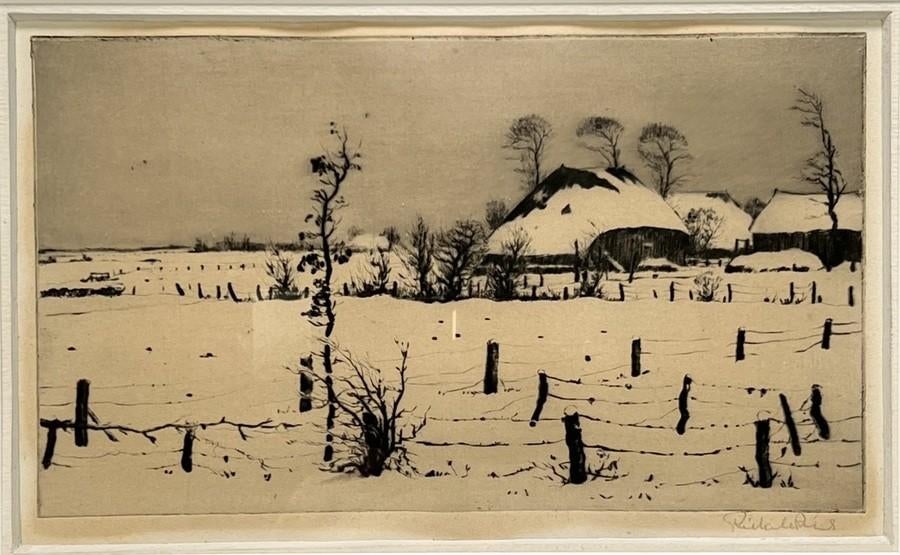 1051. Ets, Riekele Prins - winterlandschap, midden 20e eeuw, Ophalen of Verzenden