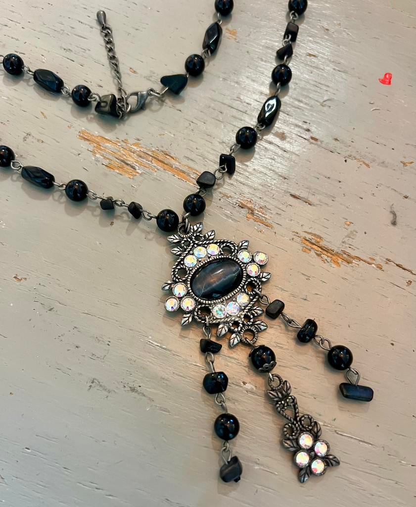 Vintage strass verzilverde gitten Costume jewelry ketting, Overige materialen, Zwart, Met hanger, Ophalen of Verzenden