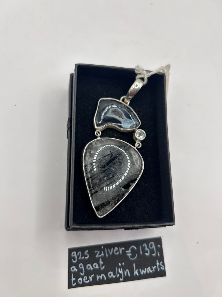 Sterling zilver hanger met agaat en toermalijn kwarts, Ophalen of Verzenden, Zo goed als nieuw, X, Zilver