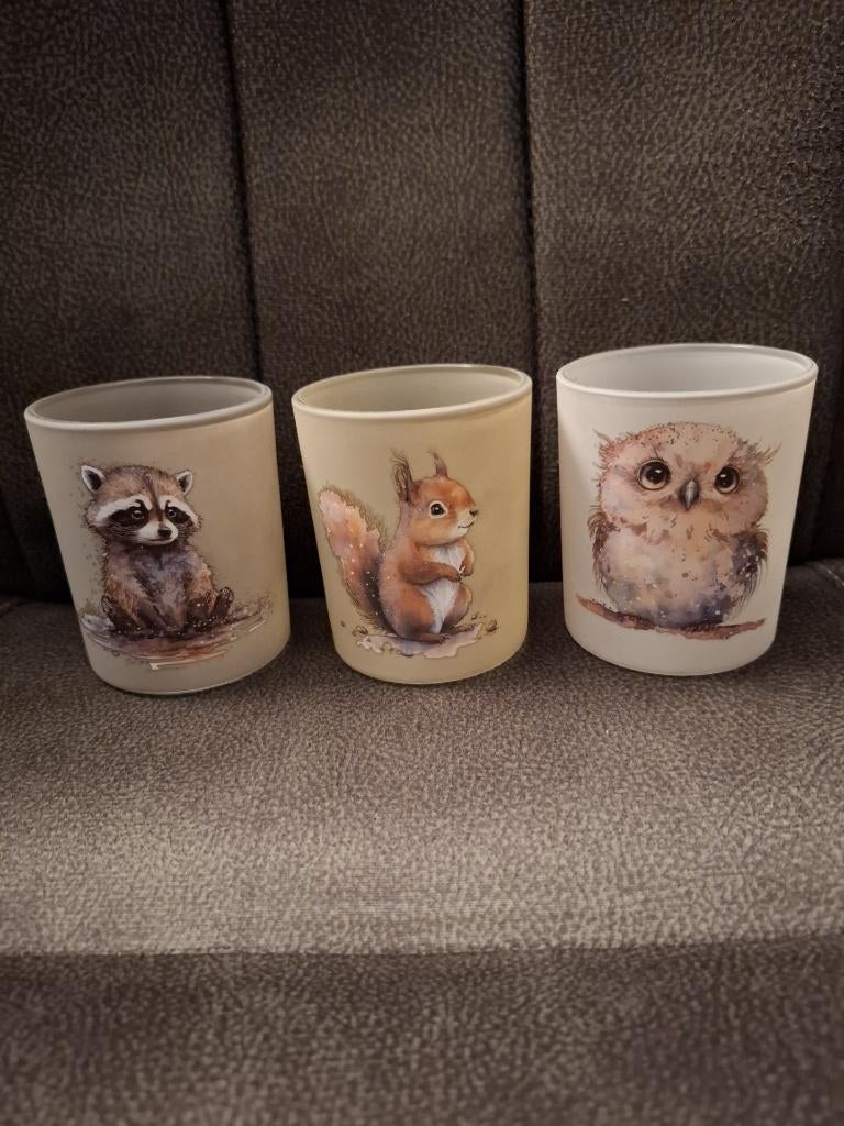 3 theelichthouders uil, wasbeer en eekhoorn, Overige materialen, Overige kleuren, Nieuw, Ophalen of Verzenden